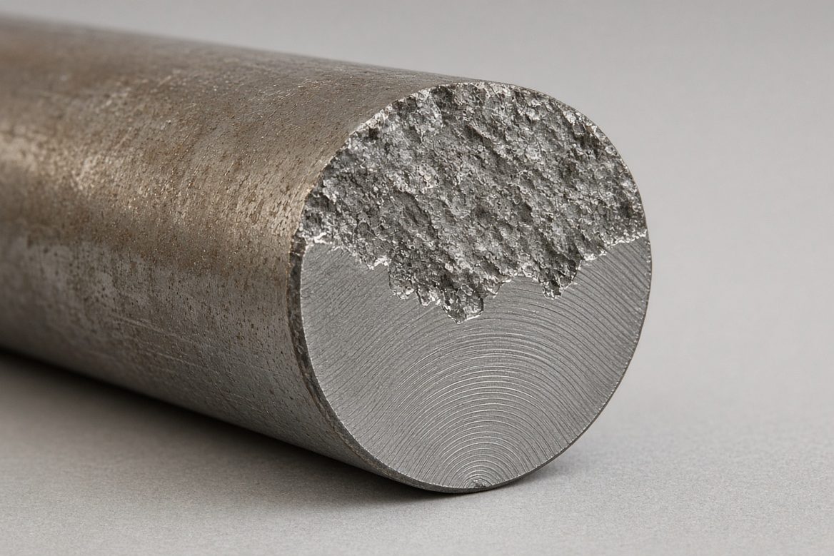 The break surface of a steel axle shaft showing curved fatigue marks