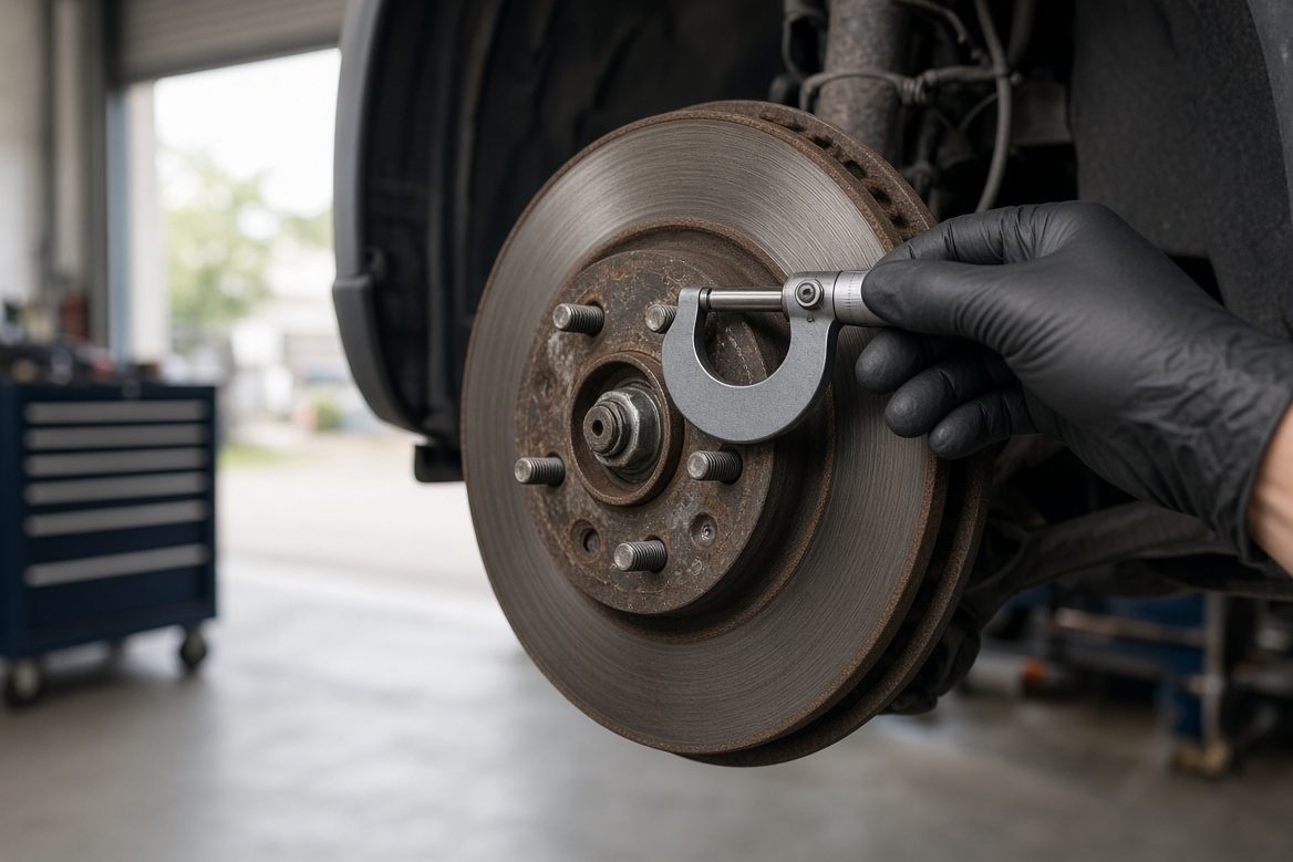 A micrometer clamped on the edge of a worn brake disc