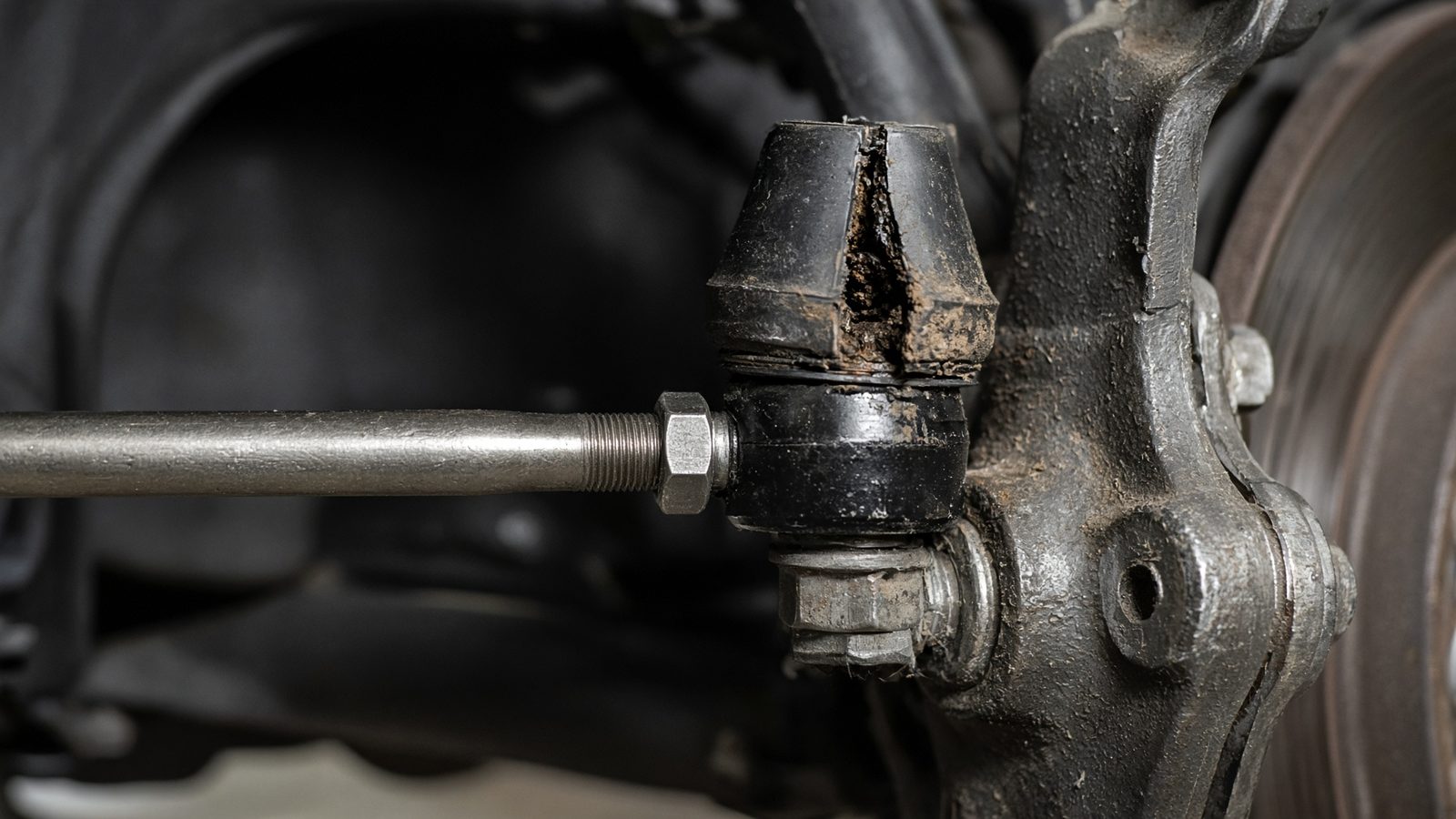 A steering tie-rod end with its rubber boot split open and grease showing