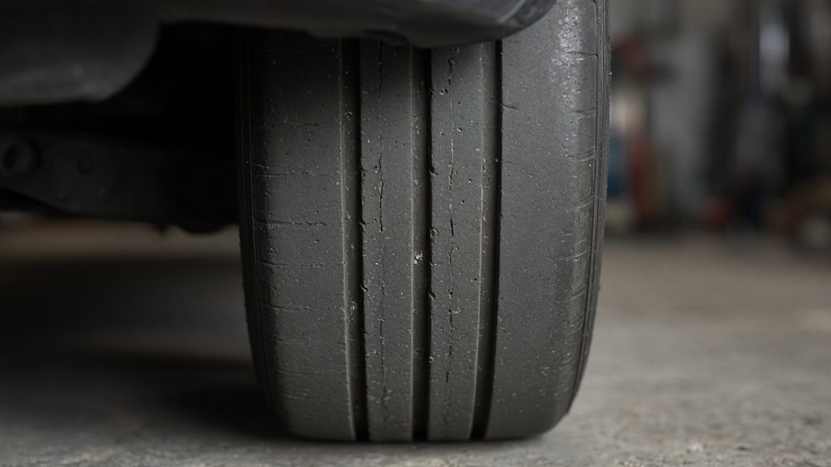 A worn car tyre with a smooth outer shoulder and cracks along its grooves